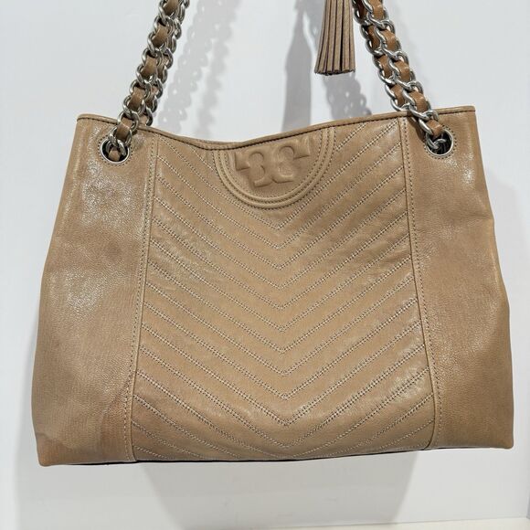 Tory Burch Taupe Distressed Leather Fleming Tote / leather shoulder bag - Picture 6 of 16